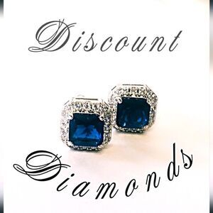 Blue Sapphire & White Baguette Diamond Earrings on 925 Sterling Silver